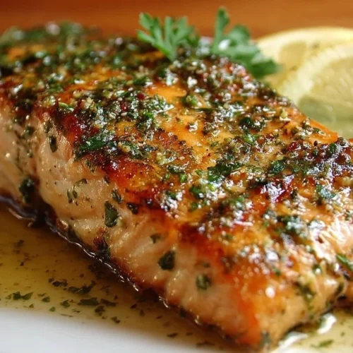 Lemon garlic butter baked salmon garnished with herbs on a white plate