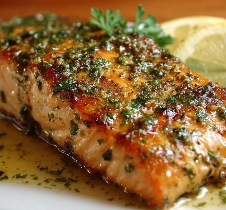 Lemon garlic butter baked salmon garnished with herbs on a white plate