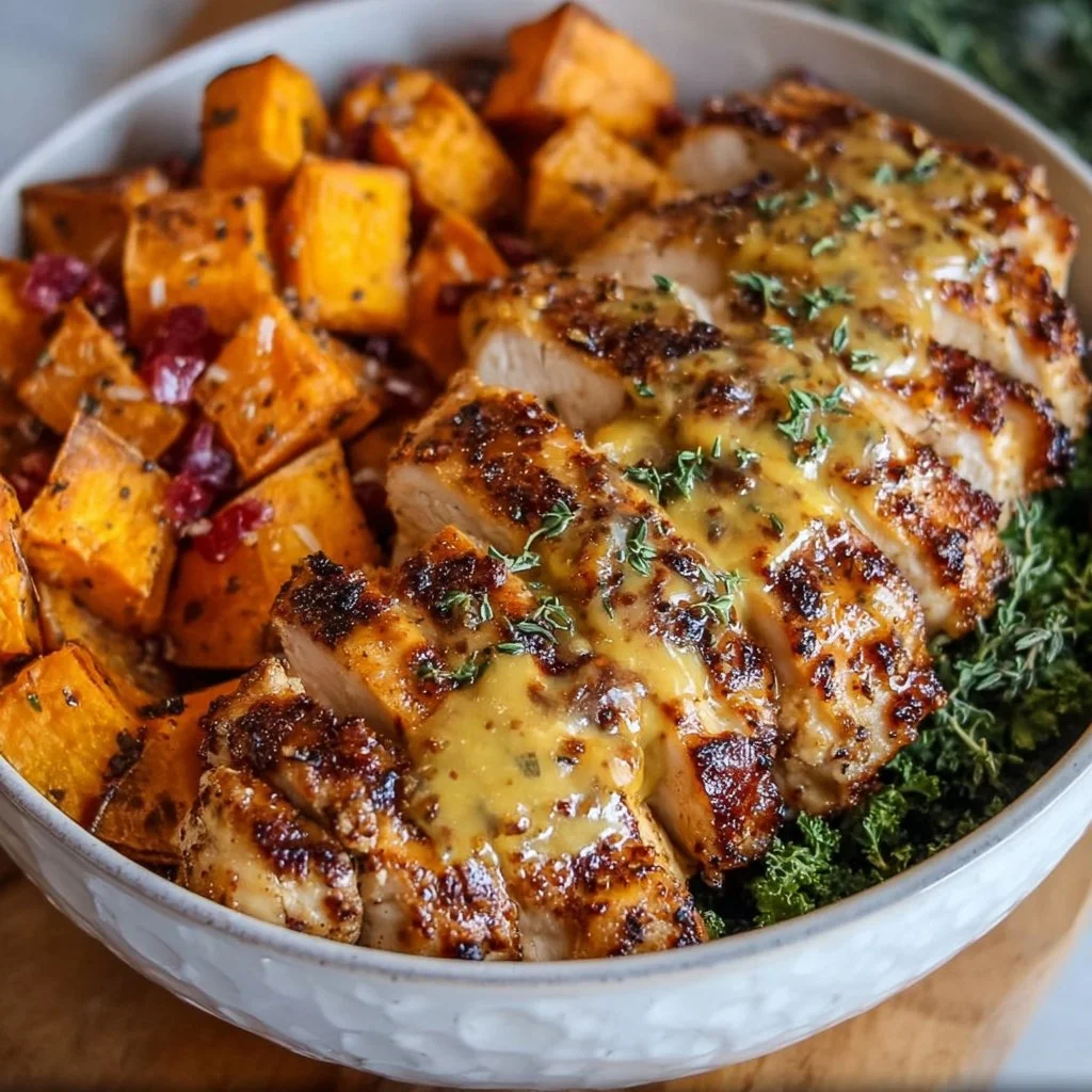 Home Maple Dijon Chicken Bowl with Sweet Potatoes for a cozy fall dinner