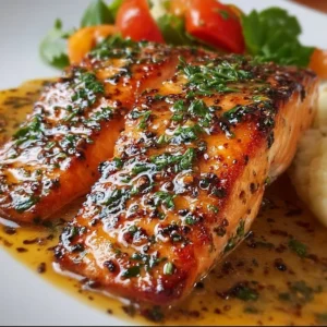 Easy Marry Me Salmon Plate of Easy Marry Me Salmon garnished with herbs and lemon