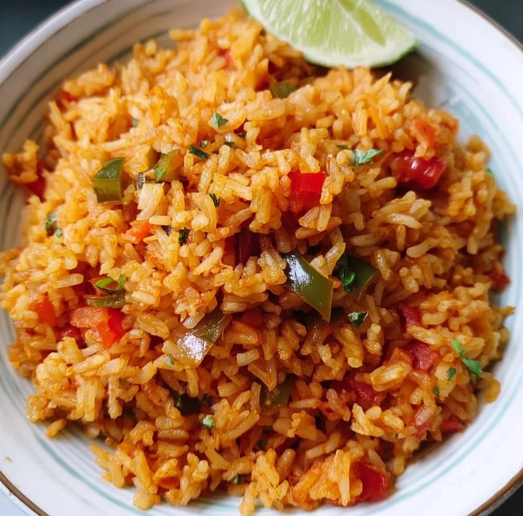 Bowl of easy Mexican rice served with fresh herbs and spices
