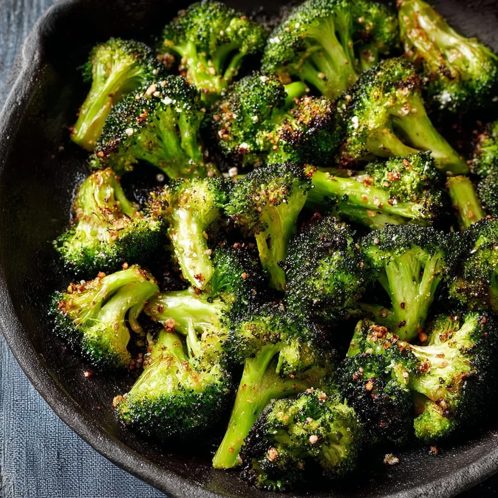 Oven roasted broccoli served on a plate, crispy and golden brown