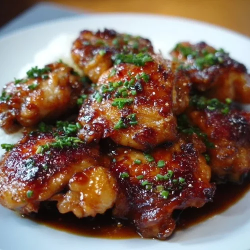 Delicious soy garlic chicken thighs plated with herbs and sesame seeds