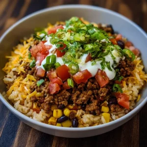 Delicious easy taco rice bowl with toppings in a white bowl