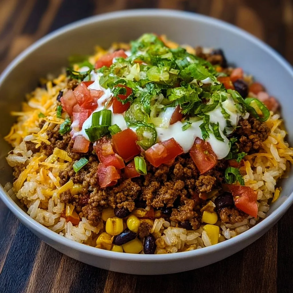 Delicious easy taco rice bowl with toppings in a white bowl