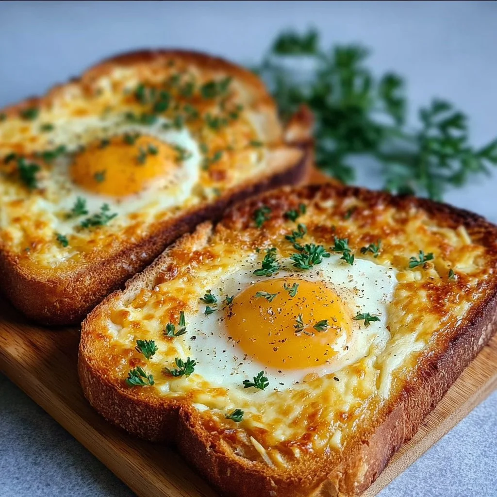 Home Delicious egg and cheese toasts served on a plate for breakfast.