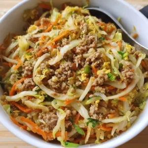 A delicious serving of egg roll in a bowl with fresh vegetables and savory flavors.