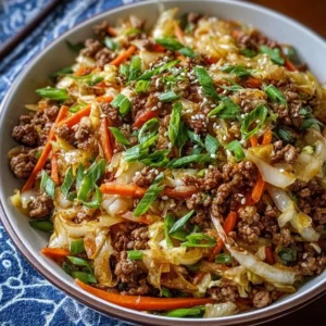 Healthy egg roll in a bowl with colorful vegetables and ground meat