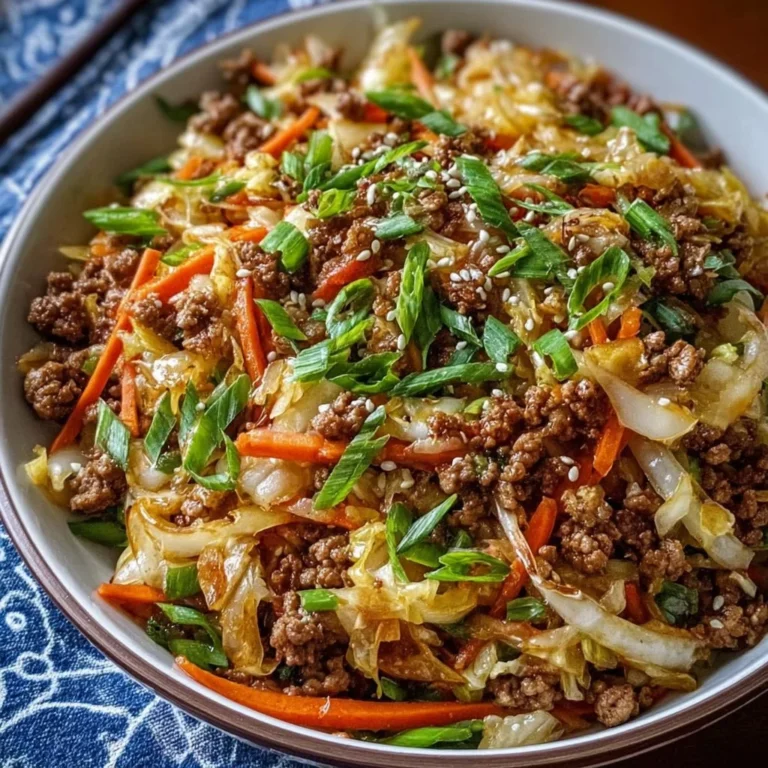 Healthy egg roll in a bowl with colorful vegetables and ground meat