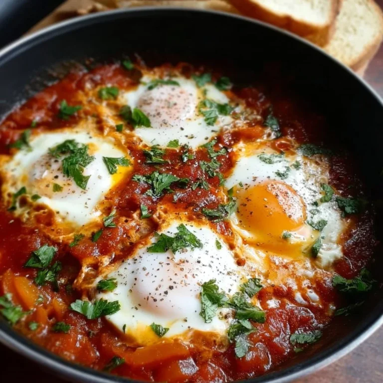 Delicious Eggs Shakshuka served with poached eggs and spicy tomato sauce.