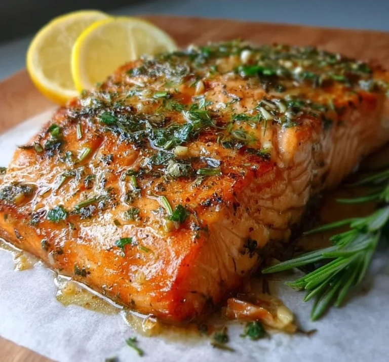 Foolproof baked salmon fillet garnished and ready to serve.