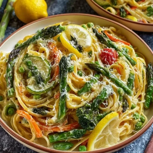 Pasta Primavera with fresh spring vegetables and creamy lemon sauce