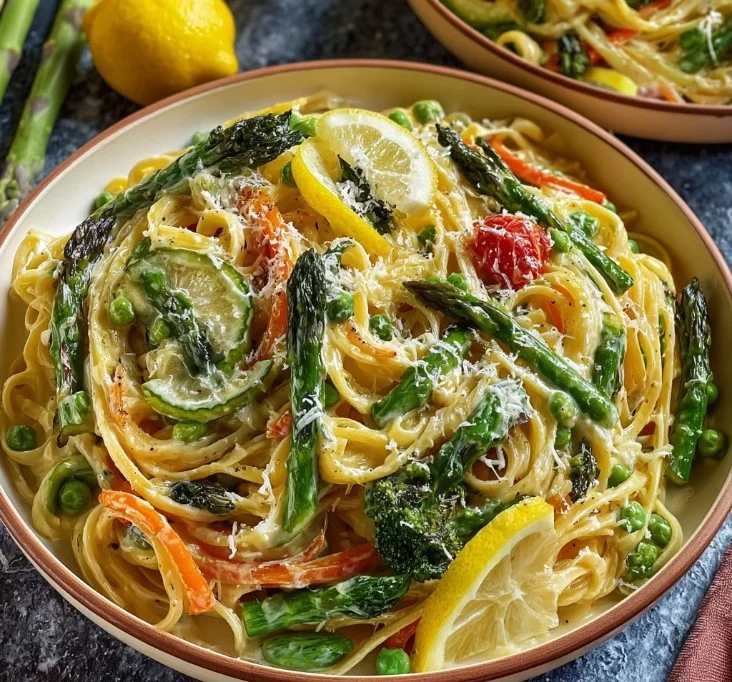 Pasta Primavera with fresh spring vegetables and creamy lemon sauce