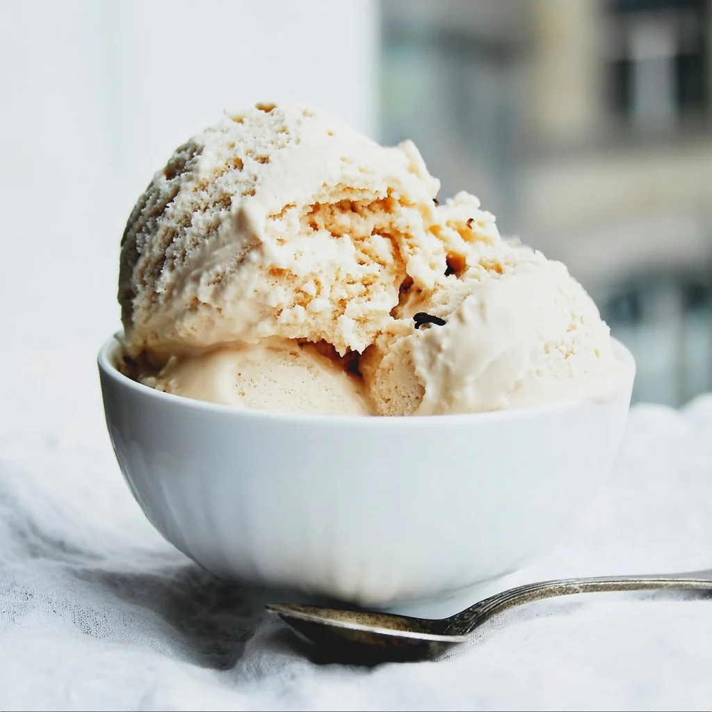 Delicious London Fog Gelato ice cream in a bowl with a spoon