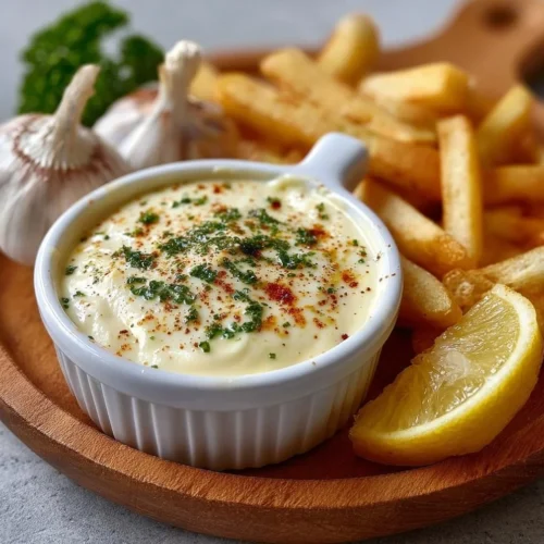 Garlic Aioli Delicious garlic aioli sauce in a small bowl with fresh herbs.