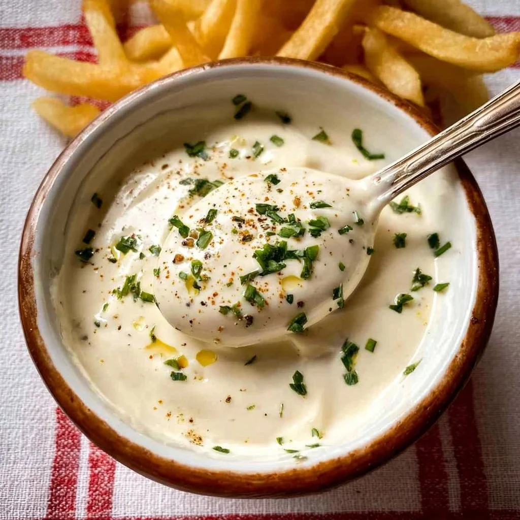 Creamy homemade Garlic Aioli in a small bowl with fresh garlic cloves.