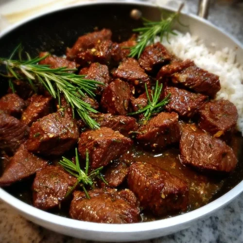 Delicious garlic and rosemary beef tips cooked to perfection