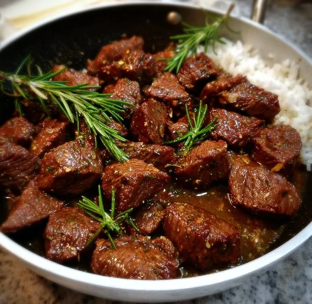 Delicious garlic and rosemary beef tips cooked to perfection