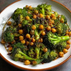 Garlic broccoli stir fry with chickpeas served in a colorful bowl