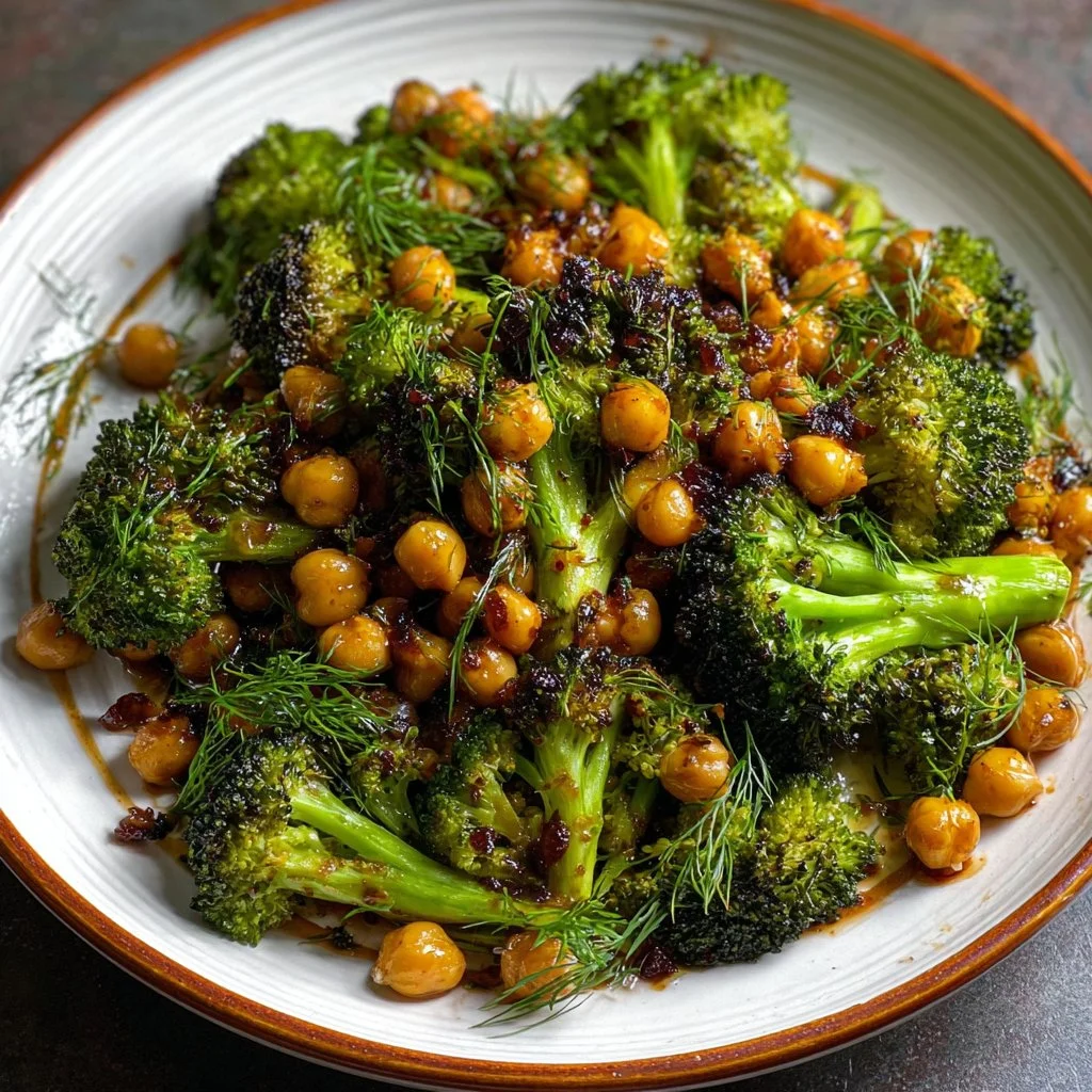 Garlic broccoli stir fry with chickpeas served in a colorful bowl