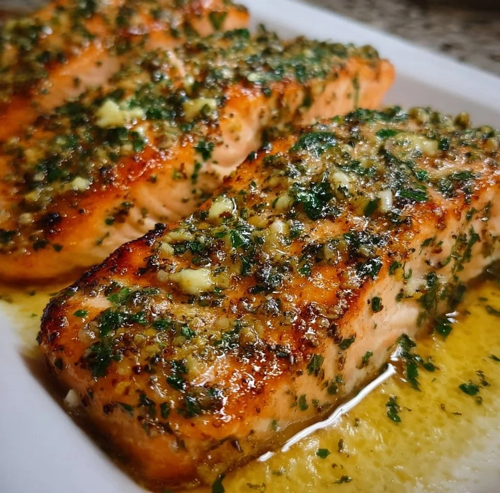 Delicious garlic butter baked salmon garnished with herbs on a plate.