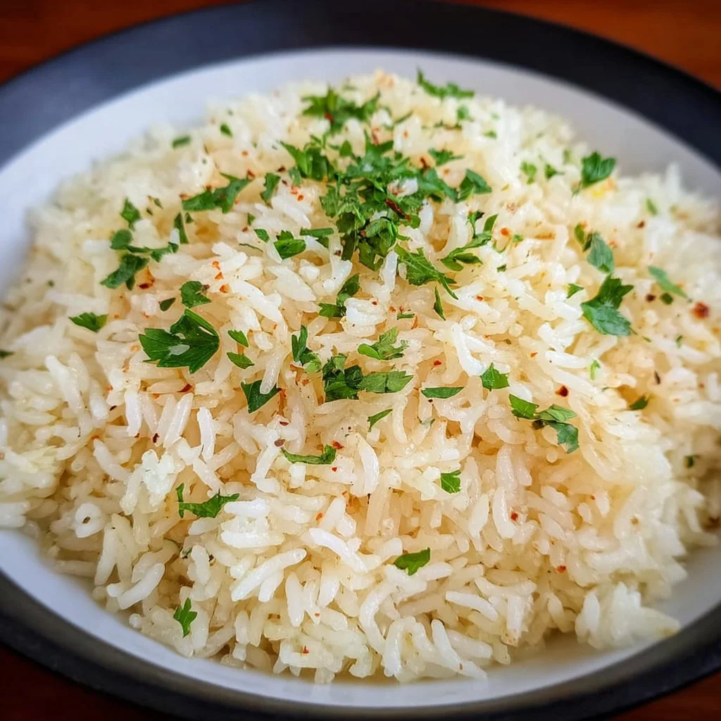 A bowl of garlic butter rice garnished with herbs, showcasing its savory flavor