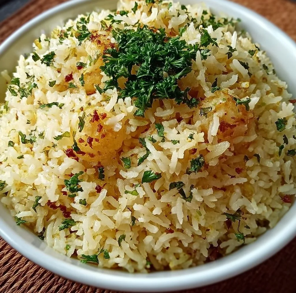 Delicious serving of Garlic Butter Rice with herbs and spices