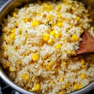 Garlic Butter Rice with Sweet Corn Garlic butter rice with sweet corn garnished with herbs in a bowl