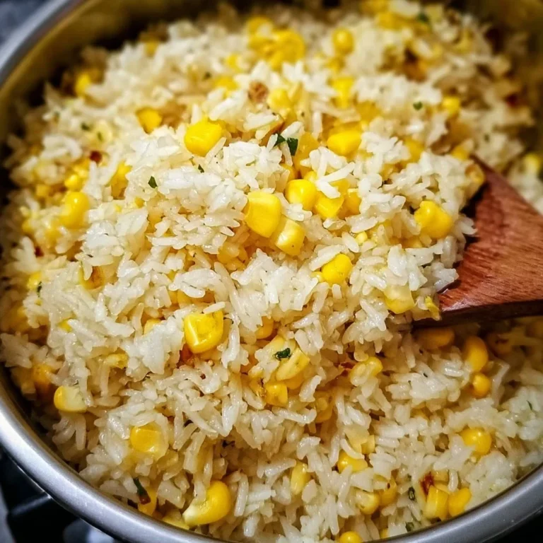Garlic butter rice with sweet corn garnished with herbs in a bowl