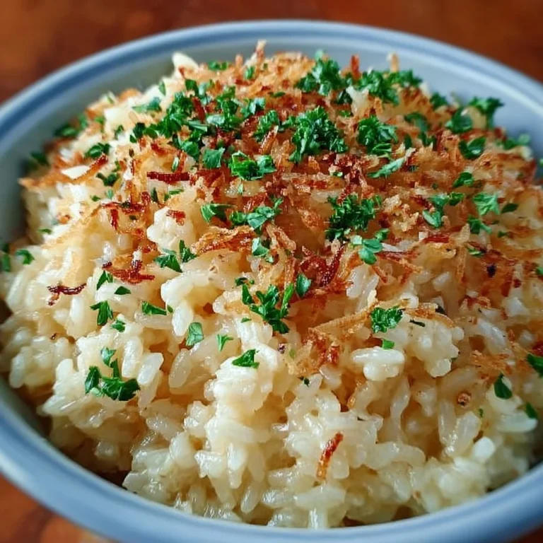 Delicious bowl of creamy Garlic Parmesan Rice garnished with herbs