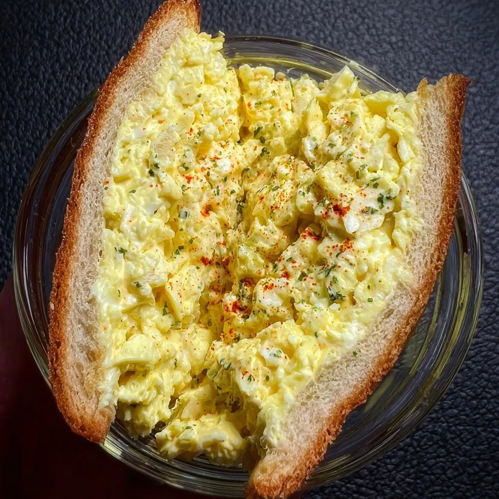 Home Grated egg salad served in a bowl with fresh herbs and spices.
