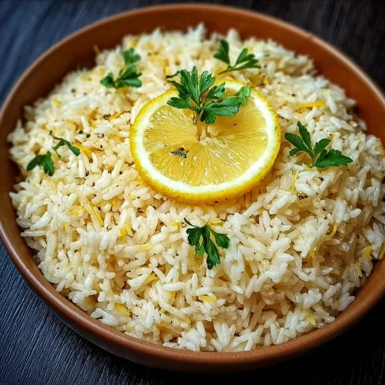 Delicious bowl of Greek lemon rice garnished with herbs and lemon slices