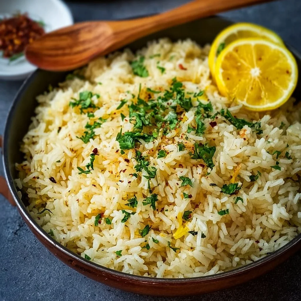 Bowl of Greek Lemon Rice garnished with fresh herbs and lemon slices.