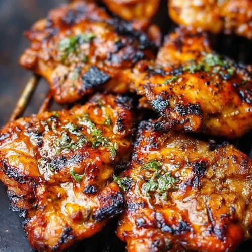 Succulent grilled boneless chicken thighs seasoned and ready to serve.