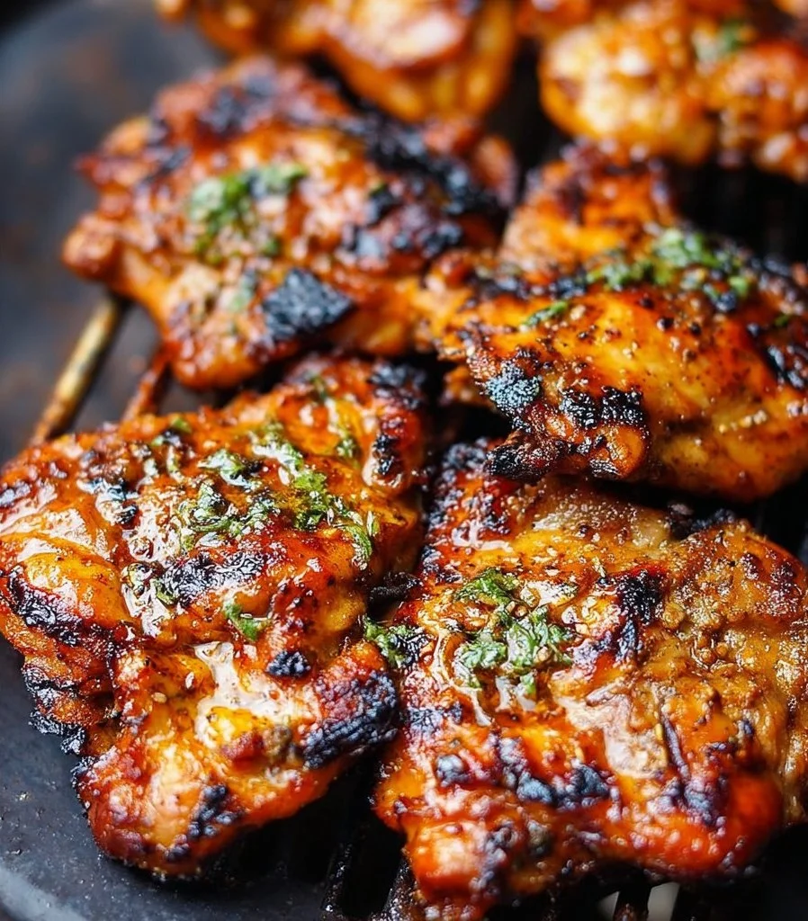 Succulent grilled boneless chicken thighs seasoned and ready to serve.