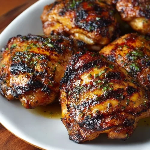 Deliciously grilled chicken thighs on a platter with fresh herbs