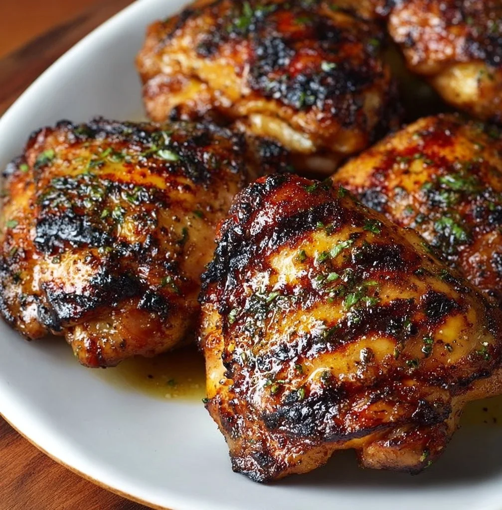 Deliciously grilled chicken thighs on a platter with fresh herbs