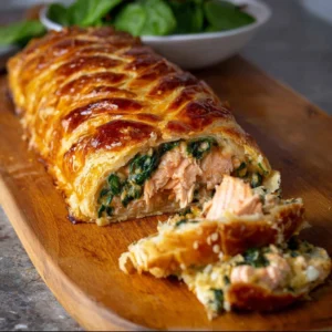 Hairy Bikers Salmon and Spinach in Pastry Recipe Hairy Bikers salmon and spinach pastry dish on a plate