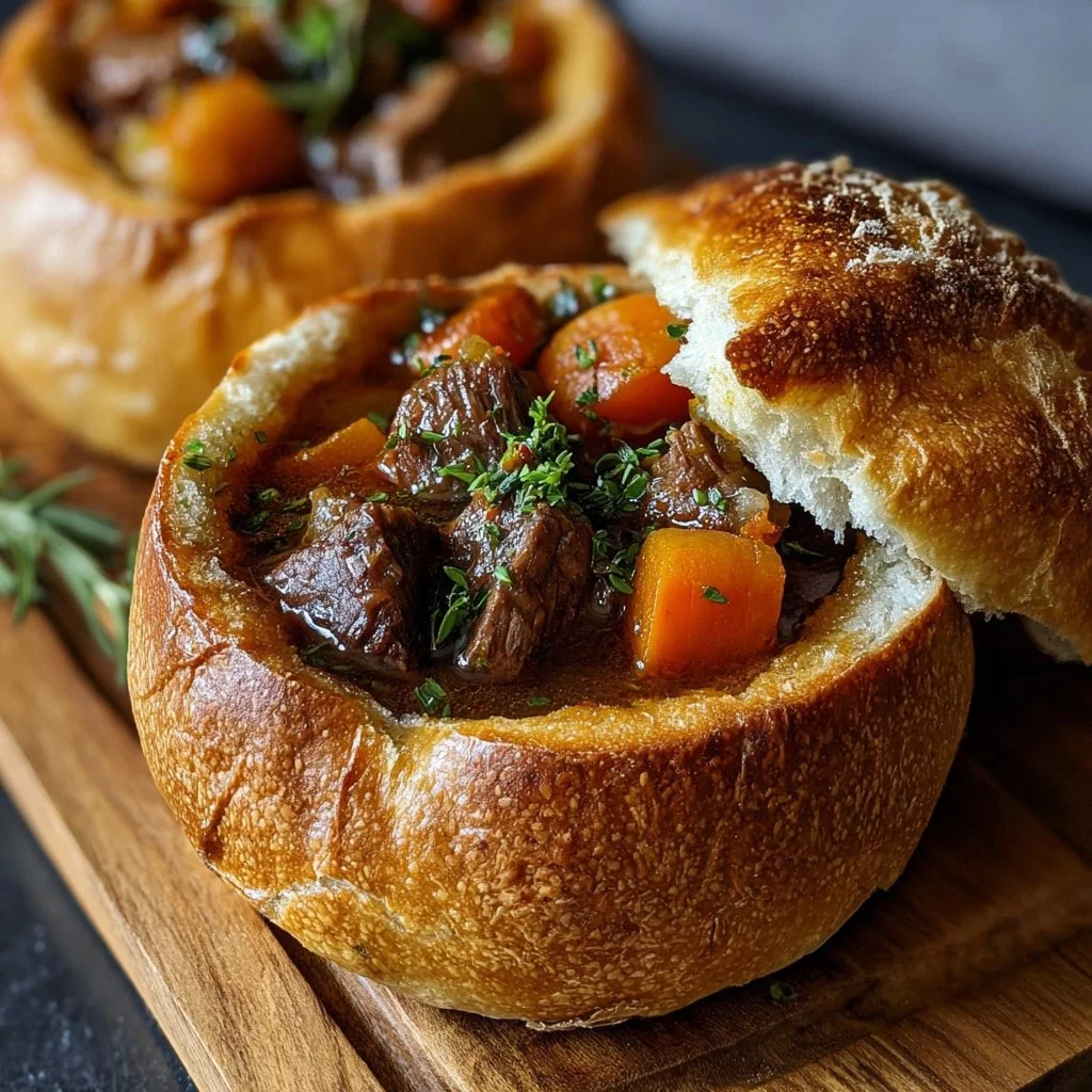 Hearty beef stew served in a bread bowl, perfect for cozy meals.