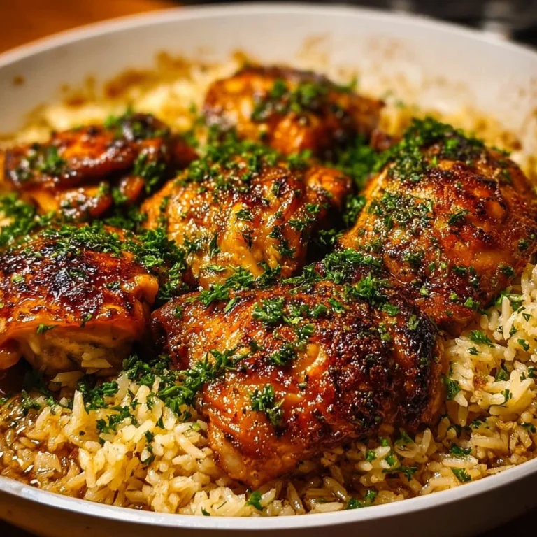 Savory herb chicken thighs served with rice on a plate