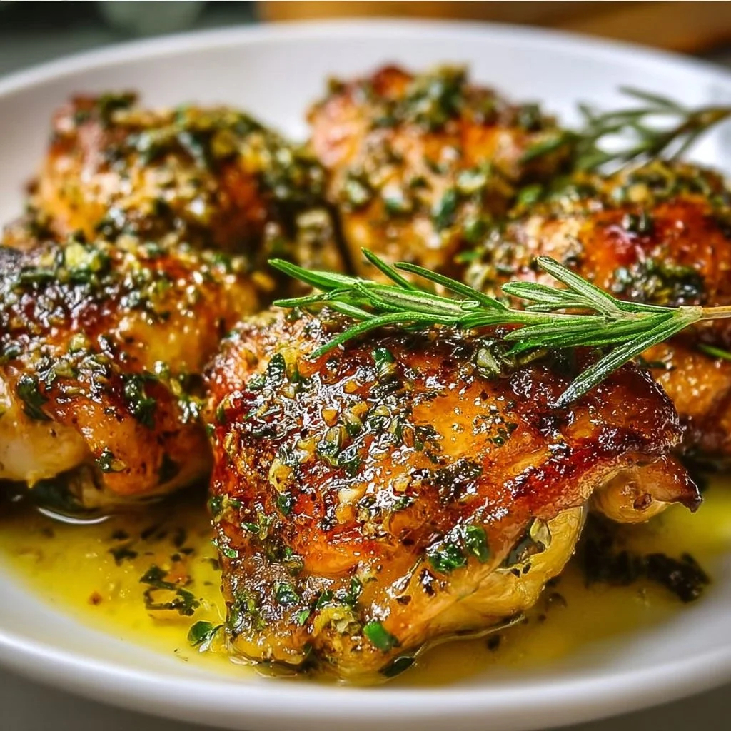 Herb Garlic Lemon Chicken Thighs served with fresh herbs and lemon slices.