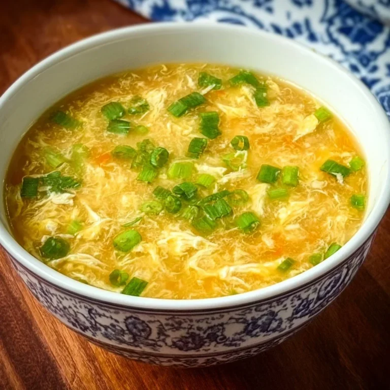 Bowl of homemade egg drop soup with green onions on top.