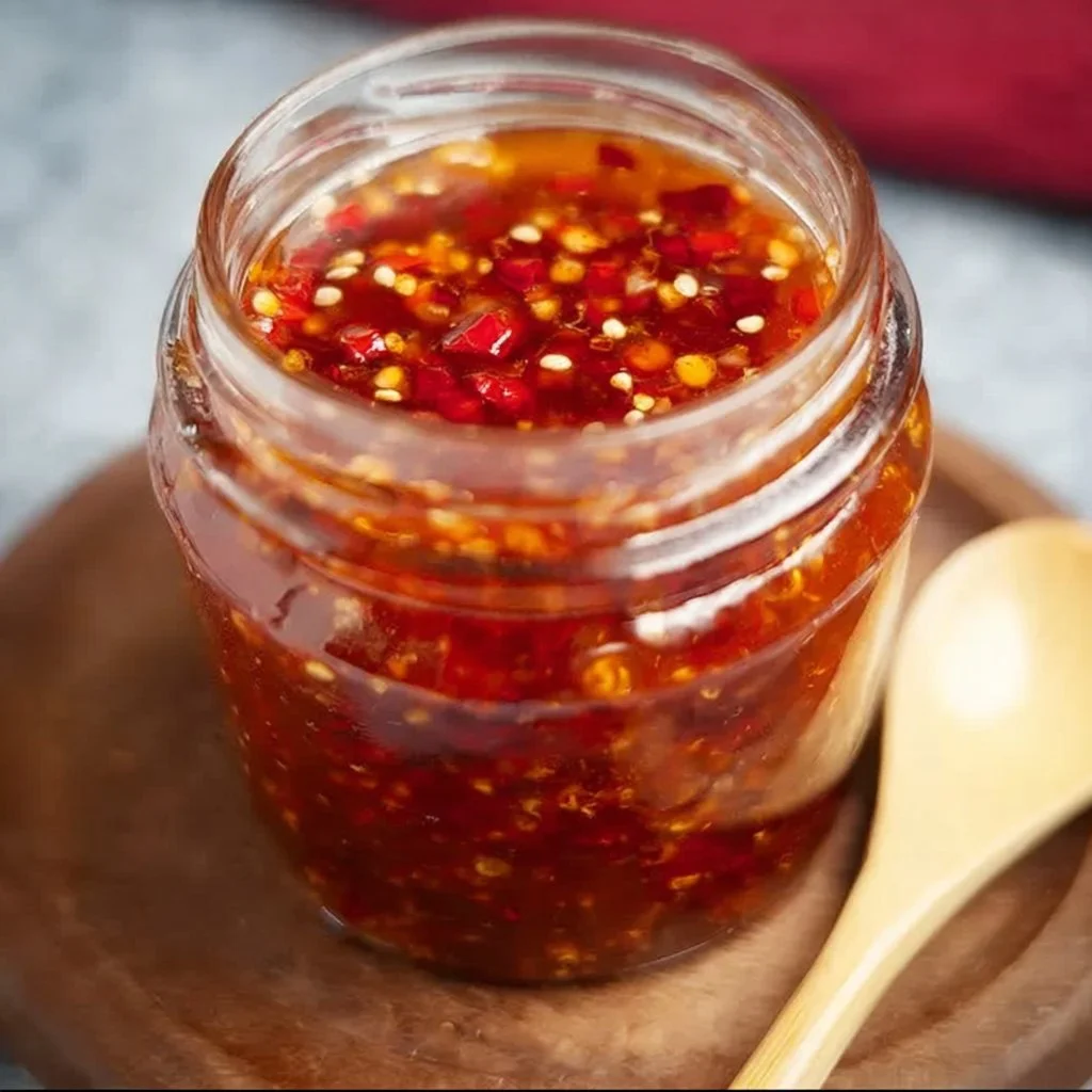 Bottle of homemade sweet chili sauce with chili peppers and herbs