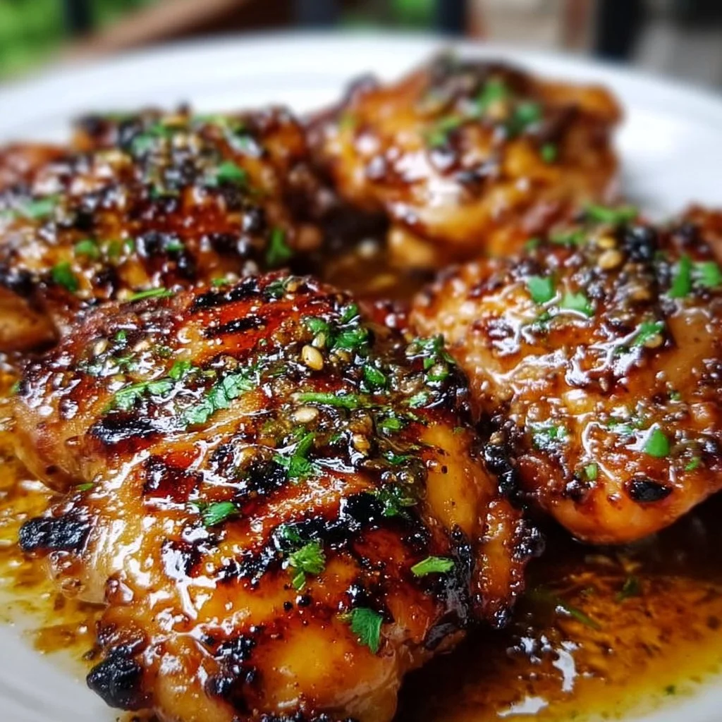 Honey Garlic Chicken Thighs served with vegetables on a white plate
