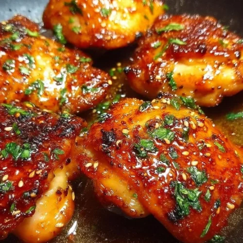 Honey Garlic Chicken Thighs Delicious honey garlic chicken thighs plated with herbs