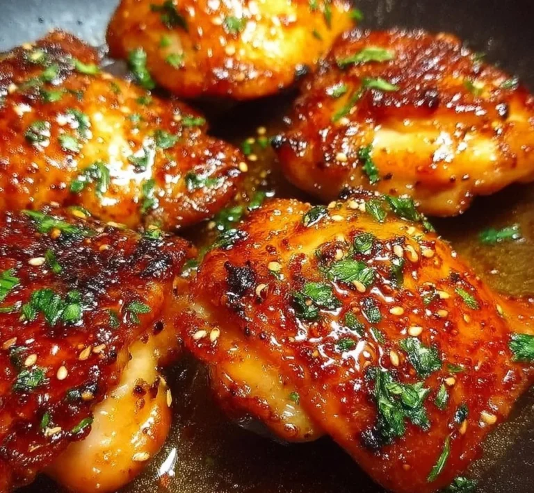 Delicious honey garlic chicken thighs plated with herbs