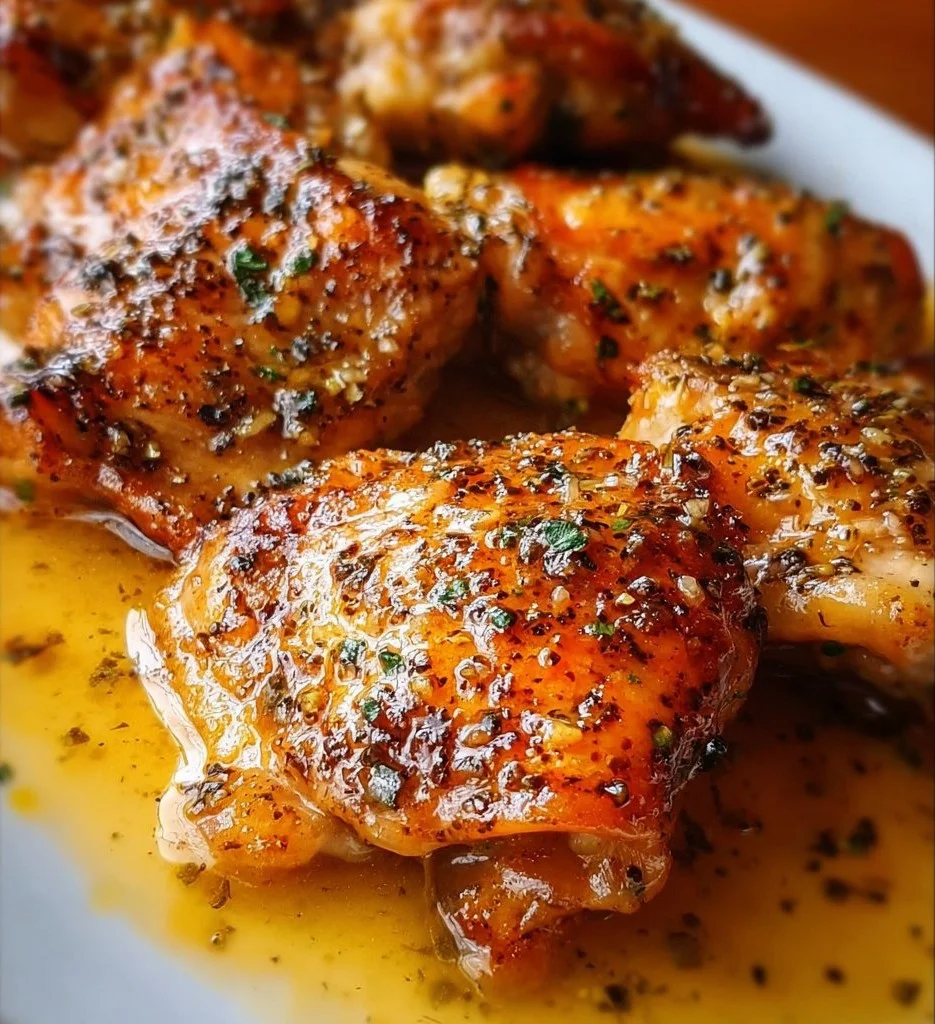 Honey garlic lemon pepper chicken thighs plated and garnished with herbs