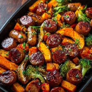 Honey garlic sausage and sweet potatoes on a sheet pan dinner