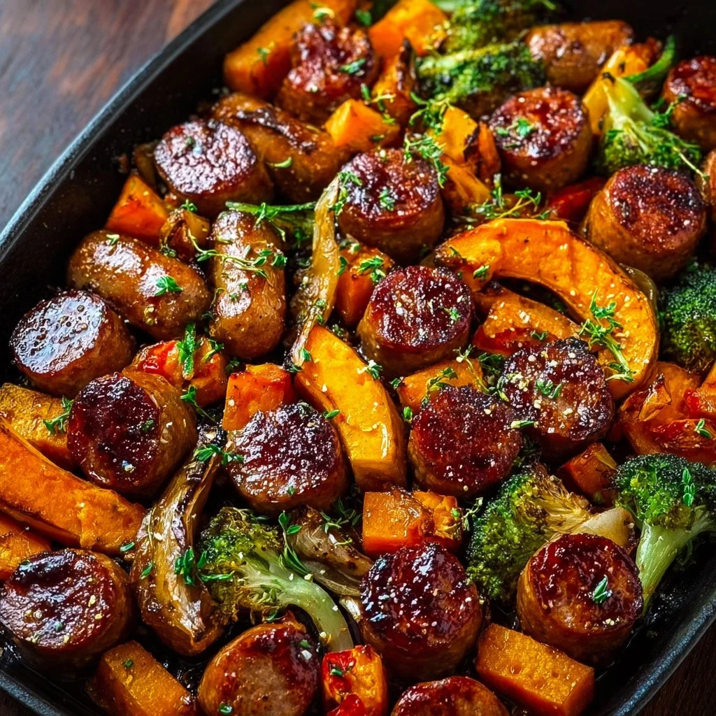 Honey garlic sausage and sweet potatoes on a sheet pan dinner