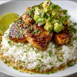 Plate of Honey Lime Chicken served with avocado rice and garnished with lime wedges